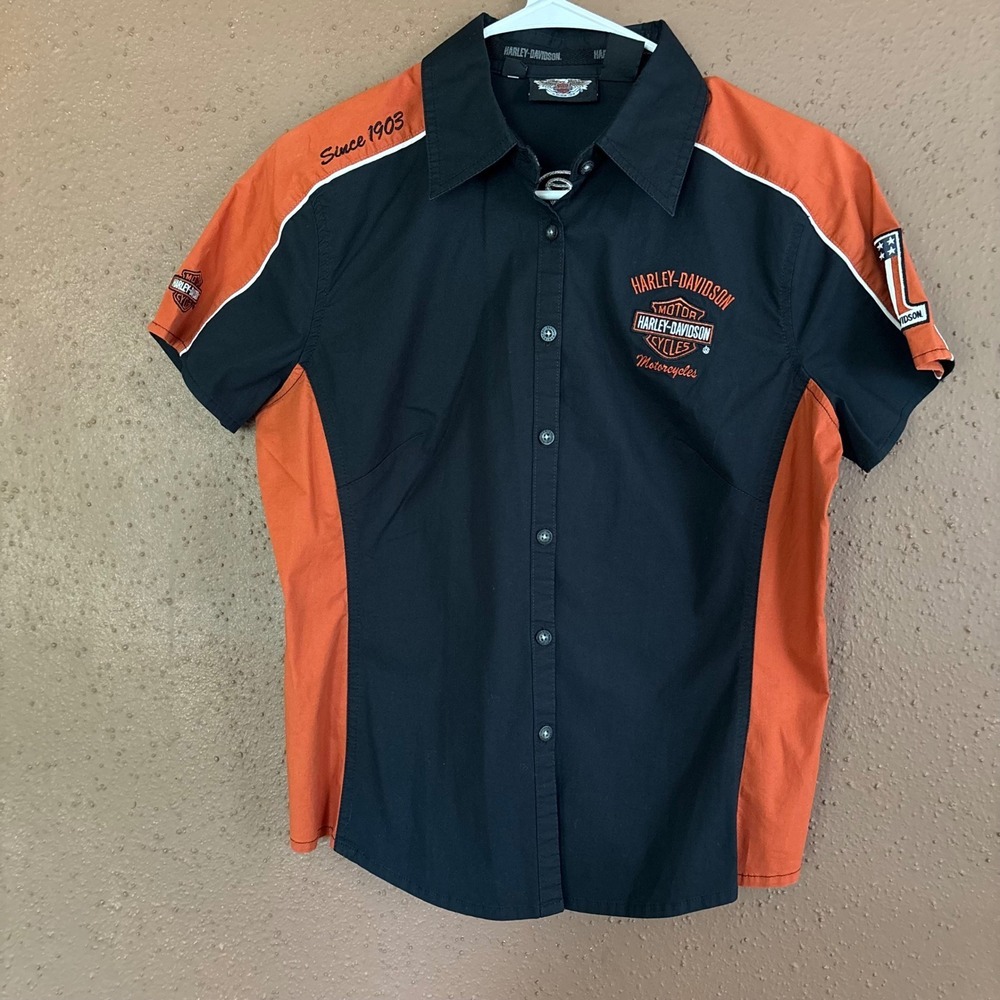 Harley-Davidson Womens Black Orange Short Sleeve Button Up Shirt Logo Large